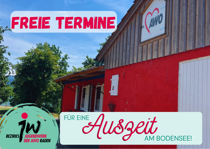 Copilot said:  Freie Termine für eine Auszeit am Bodensee: Rotes AWO-Gebäude mit Logo, umgeben von Bäumen und blauem Himmel.